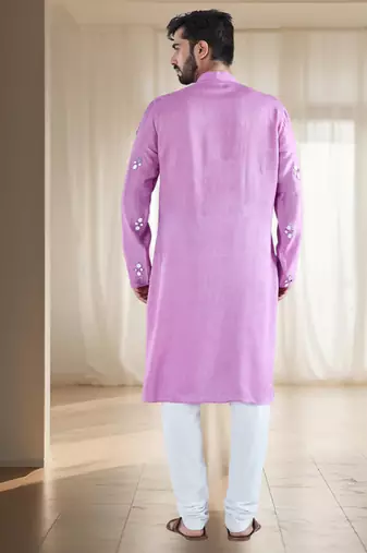 Purple mirror embroidery silk kurta sets for men's