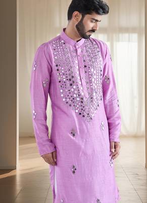 Purple mirror embroidery silk kurta sets for men's 4
