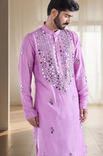 Purple mirror embroidery silk kurta sets for men's