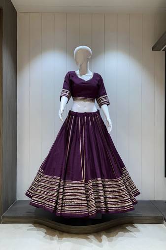 Traditional Roman Silk Wine Gota Lace Lehenga Choli