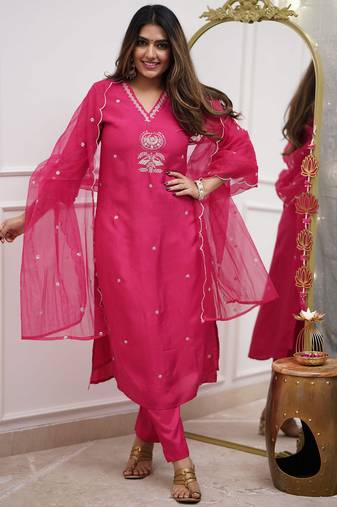 Rani pink viscose chanderi heavy thread embroidery sequins work kurta pant set