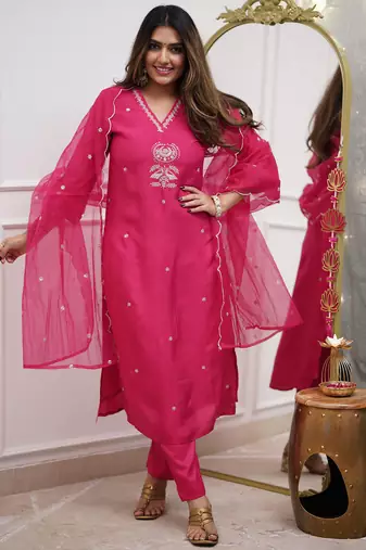 Rani pink viscose chanderi heavy thread embroidery sequins work kurta pant set