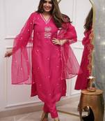 Rani pink viscose chanderi heavy thread embroidery sequins work kurta pant set