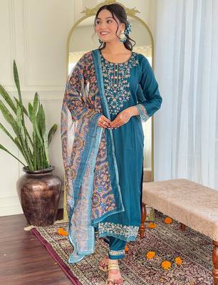 Teal viscose chanderi heavy thread embroidery work with printed dupatta kurta pant set 1