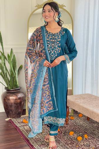 Teal viscose chanderi heavy thread embroidery work with printed dupatta kurta pant set