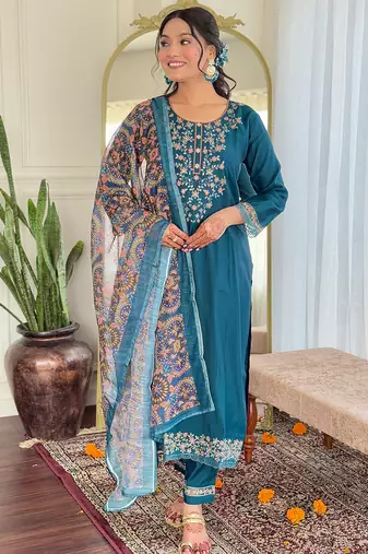 Teal viscose chanderi heavy thread embroidery work with printed dupatta kurta pant set