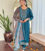 Teal viscose chanderi heavy thread embroidery work with printed dupatta kurta pant set