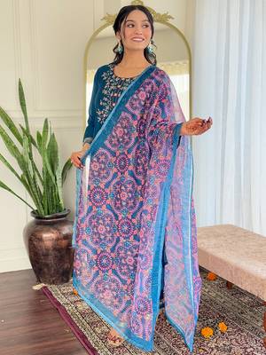 Teal viscose chanderi heavy thread embroidery work with printed dupatta kurta pant set 2