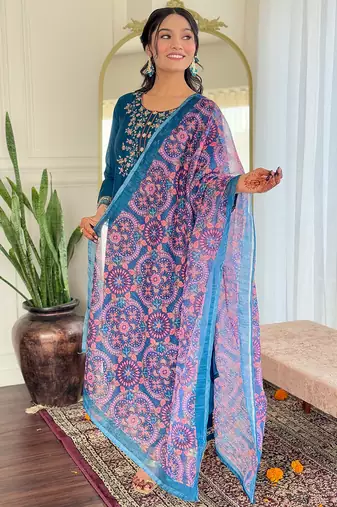 Teal viscose chanderi heavy thread embroidery work with printed dupatta kurta pant set