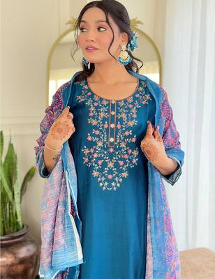Teal viscose chanderi heavy thread embroidery work with printed dupatta kurta pant set 3