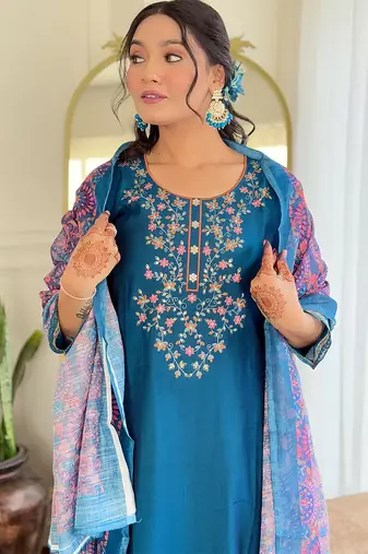 Teal viscose chanderi heavy thread embroidery work with printed dupatta kurta pant set