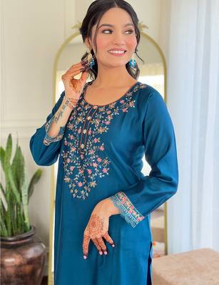 Teal viscose chanderi heavy thread embroidery work with printed dupatta kurta pant set 4