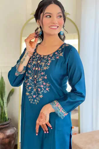 Teal viscose chanderi heavy thread embroidery work with printed dupatta kurta pant set