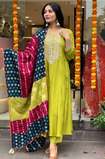 Lemon viscose chanderi heavy thread embroidery work with jacquard dupatta kurta pant set