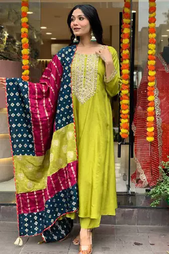 Lemon viscose chanderi heavy thread embroidery work with jacquard dupatta kurta pant set