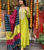 Lemon viscose chanderi heavy thread embroidery work with jacquard dupatta kurta pant set