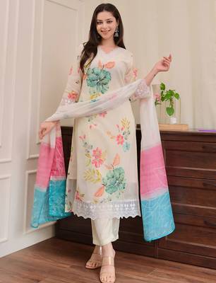 Cream naylon taby print with thread embroidery work kurta pant set 1