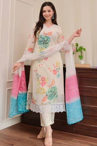 Cream naylon taby print with thread embroidery work kurta pant set