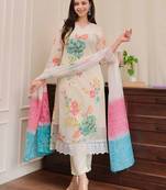 Cream naylon taby print with thread embroidery work kurta pant set