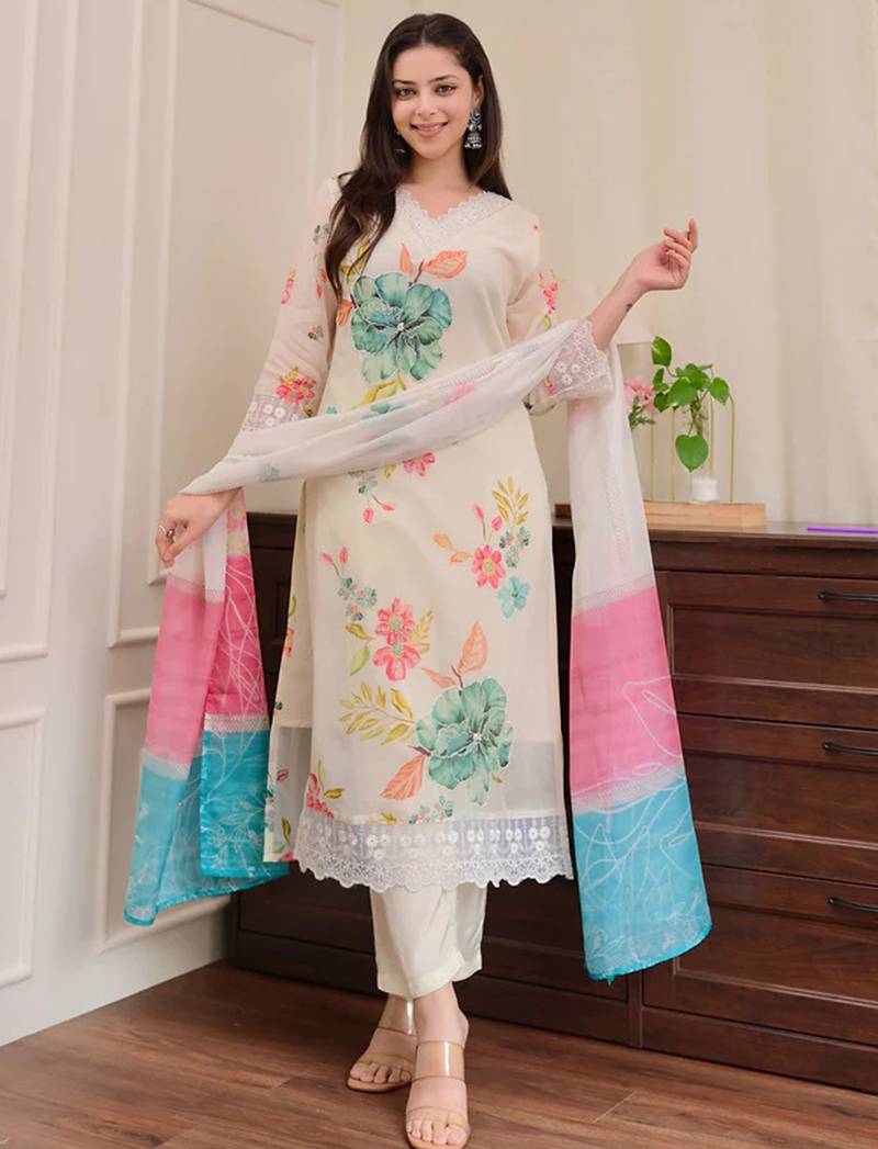 Cream naylon taby print with thread embroidery work kurta pant set