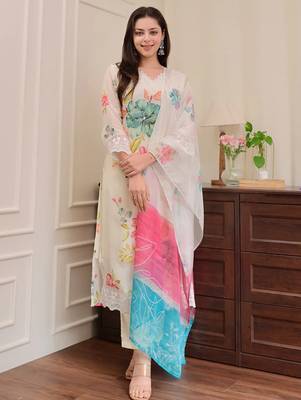 Cream naylon taby print with thread embroidery work kurta pant set 2