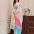 Cream naylon taby print with thread embroidery work kurta pant set