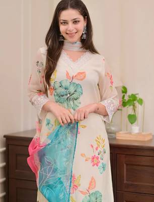 Cream naylon taby print with thread embroidery work kurta pant set 3