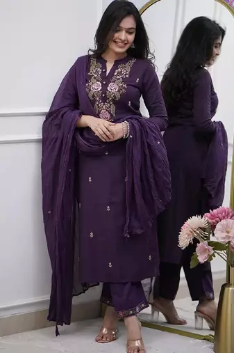 Purple rayon heavy thread embroidery work kurta pant set