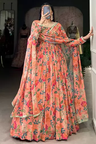 Peach georgette printed gown with dupatta