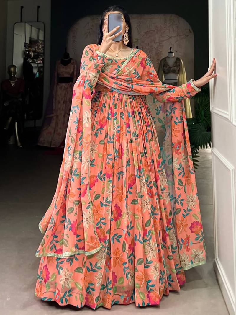 Peach georgette printed gown with dupatta