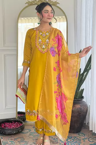 Yellow chanderi heavy thread embroidery work with digital printed dupatta kurta pant set