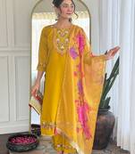 Yellow chanderi heavy thread embroidery work with digital printed dupatta kurta pant set