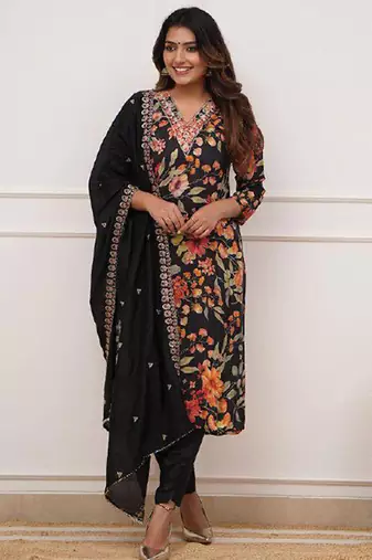 Black russian silk print with thread embroidery work kurta pant set