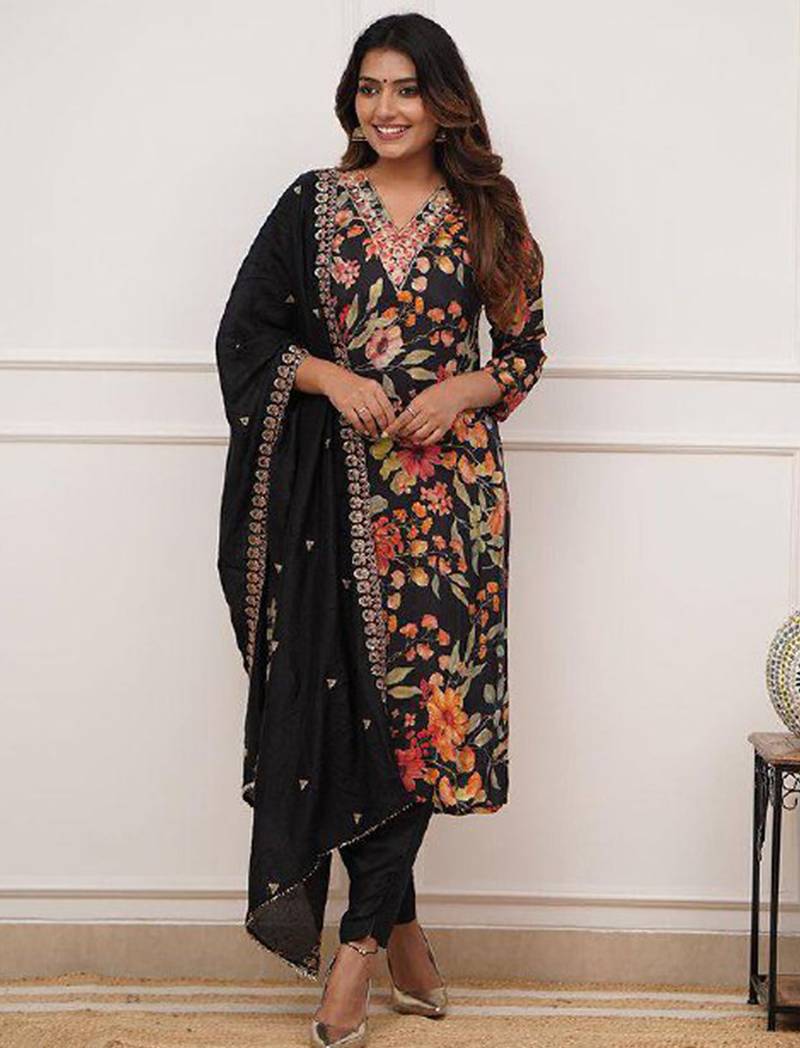 Black russian silk print with thread embroidery work kurta pant set