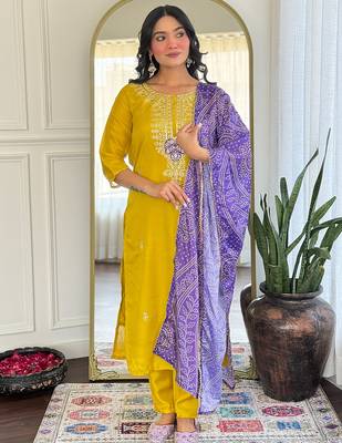 Mustard vichitra silk heavy thread embroidery sequins work with printed dupatta kurta pant set 1