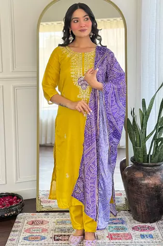 Mustard vichitra silk heavy thread embroidery sequins work with printed dupatta kurta pant set