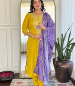 Mustard vichitra silk heavy thread embroidery sequins work with printed dupatta kurta pant set