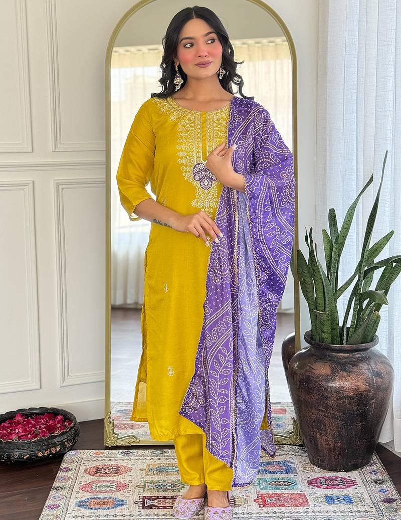 Mustard vichitra silk heavy thread embroidery sequins work with printed dupatta kurta pant set