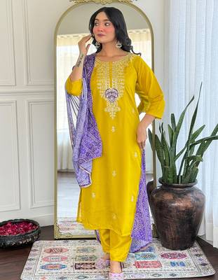 Mustard vichitra silk heavy thread embroidery sequins work with printed dupatta kurta pant set 2