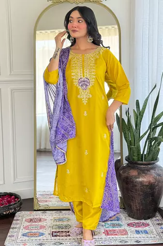 Mustard vichitra silk heavy thread embroidery sequins work with printed dupatta kurta pant set