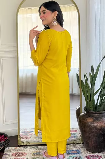 Mustard vichitra silk heavy thread embroidery sequins work with printed dupatta kurta pant set