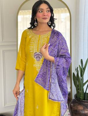 Mustard vichitra silk heavy thread embroidery sequins work with printed dupatta kurta pant set 4
