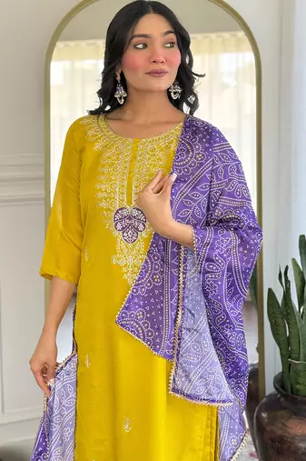 Mustard vichitra silk heavy thread embroidery sequins work with printed dupatta kurta pant set