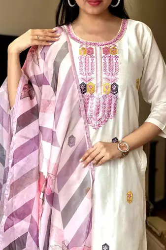 Off white viscose chanderi heavy thread embroidery work with printed dupatta kurta pant set