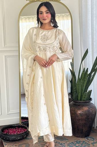 Cream vichitra silk heavy thread embroidery sequins work kurta pant set