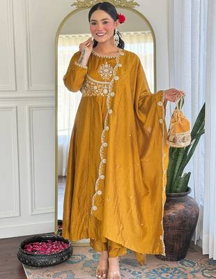Mustard vichitra silk heavy thread embroidery sequins work kurta pant set 1