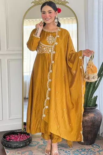 Mustard vichitra silk heavy thread embroidery sequins work kurta pant set