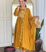 Mustard vichitra silk heavy thread embroidery sequins work kurta pant set