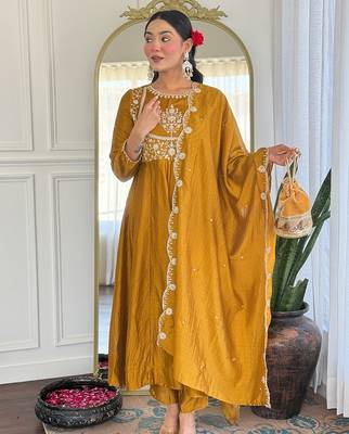 Mustard vichitra silk heavy thread embroidery sequins work kurta pant set 2
