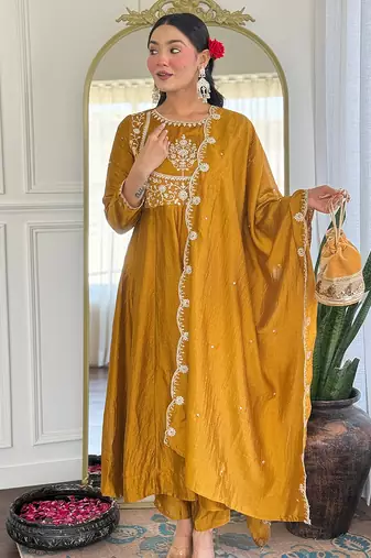 Mustard vichitra silk heavy thread embroidery sequins work kurta pant set